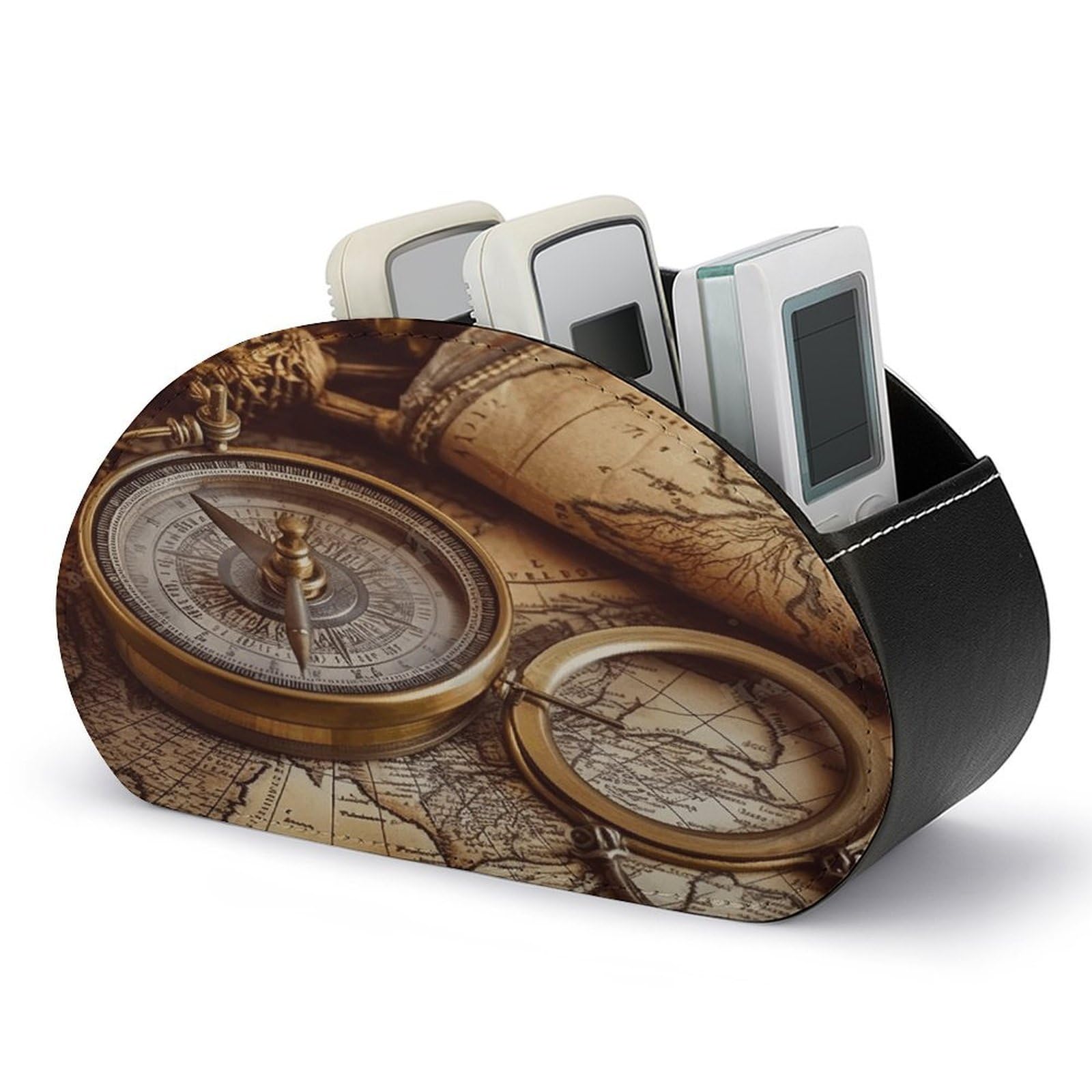 VstaDank Compass And Old World Map Remote Control Holder Farmhouse TV Media Remote Storage Box with 5 Compartments PU Leather Remote Caddy Desktop Organizer for Home Bedside Table Organizer