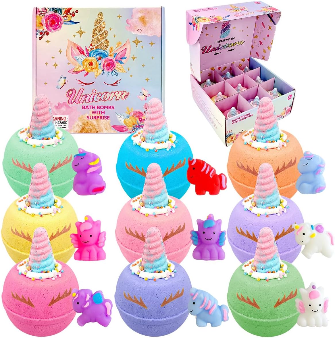 Skin-Safe Unicorn Bath Bombs for Kids with Surprise Squishy Toys Inside, 9 Extra Large Bath Salts with Calming and Long Lasting Scent, Natural Bubble Bath Bombs for Girls Sensitive Skin