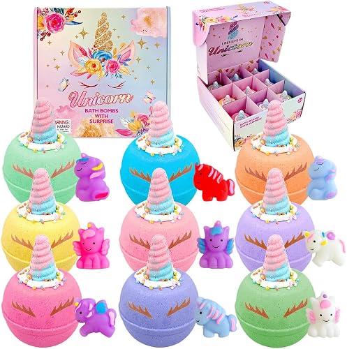 Unicorn Bath Bombs for Kids, 9 Large Kids Bath Salts with Squishy Toys Inside, Magic Unicorn Bath Balls with Surprise Inside for Girls…