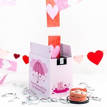 Umbrella Love Shower Bundle by Send A Cake - No Setup Required Explosion Gift Box with Music, Delicious 3" Mini Bundt Cake with 20 Sweet Silver-Wrapped Caramels for Delivery - Birthday Gift for Women, Girlfriend, Wife, Men, Adults, Kids