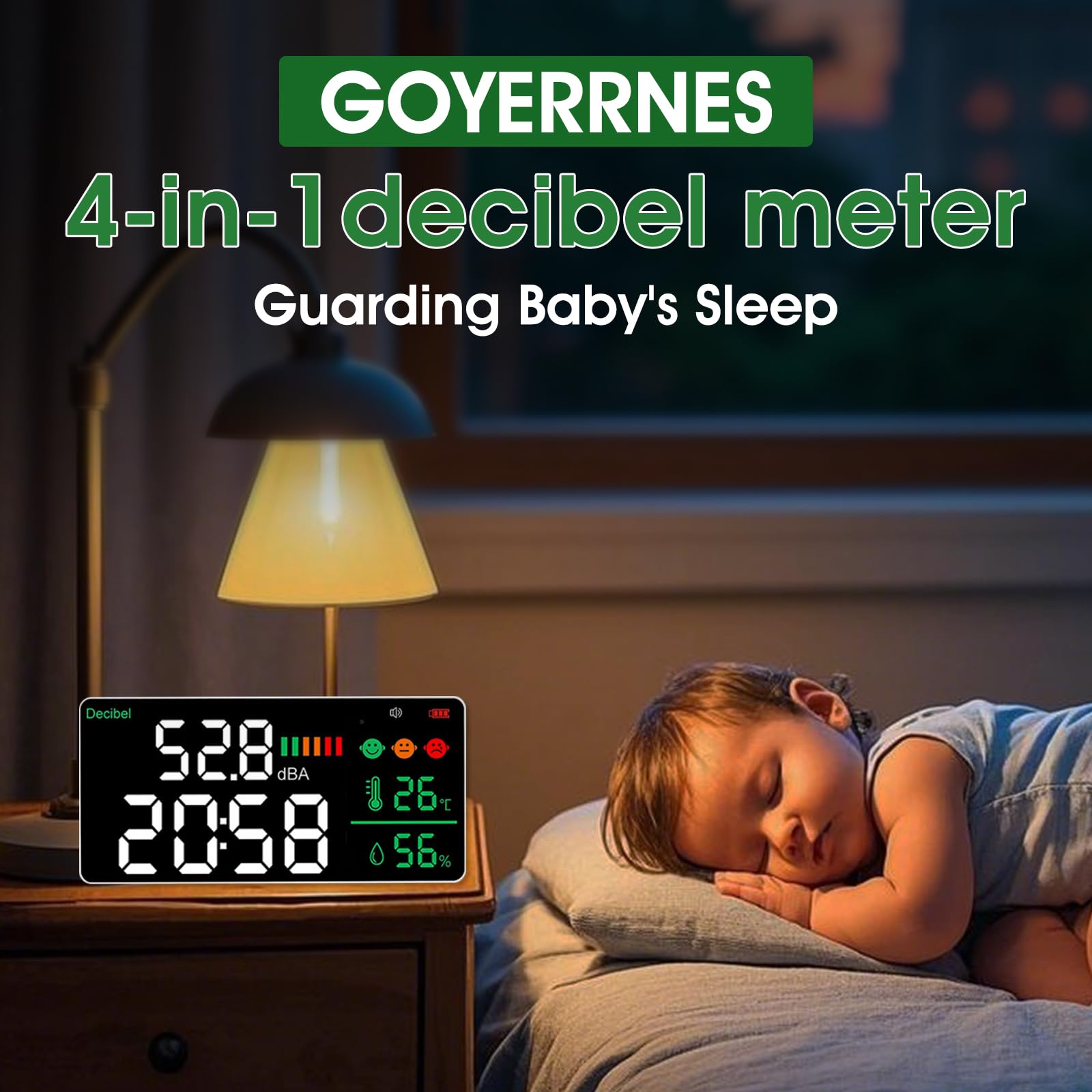 Schallpegelmesser Dezibel Messgerät LED-Bildschirm Helligkeitsanpassung 30-130dBA Bereich 4-in-1 Lärm, Zeit, Temperatur und Luftfeuchtigkeit Geeignet für Haus, Büro, etc