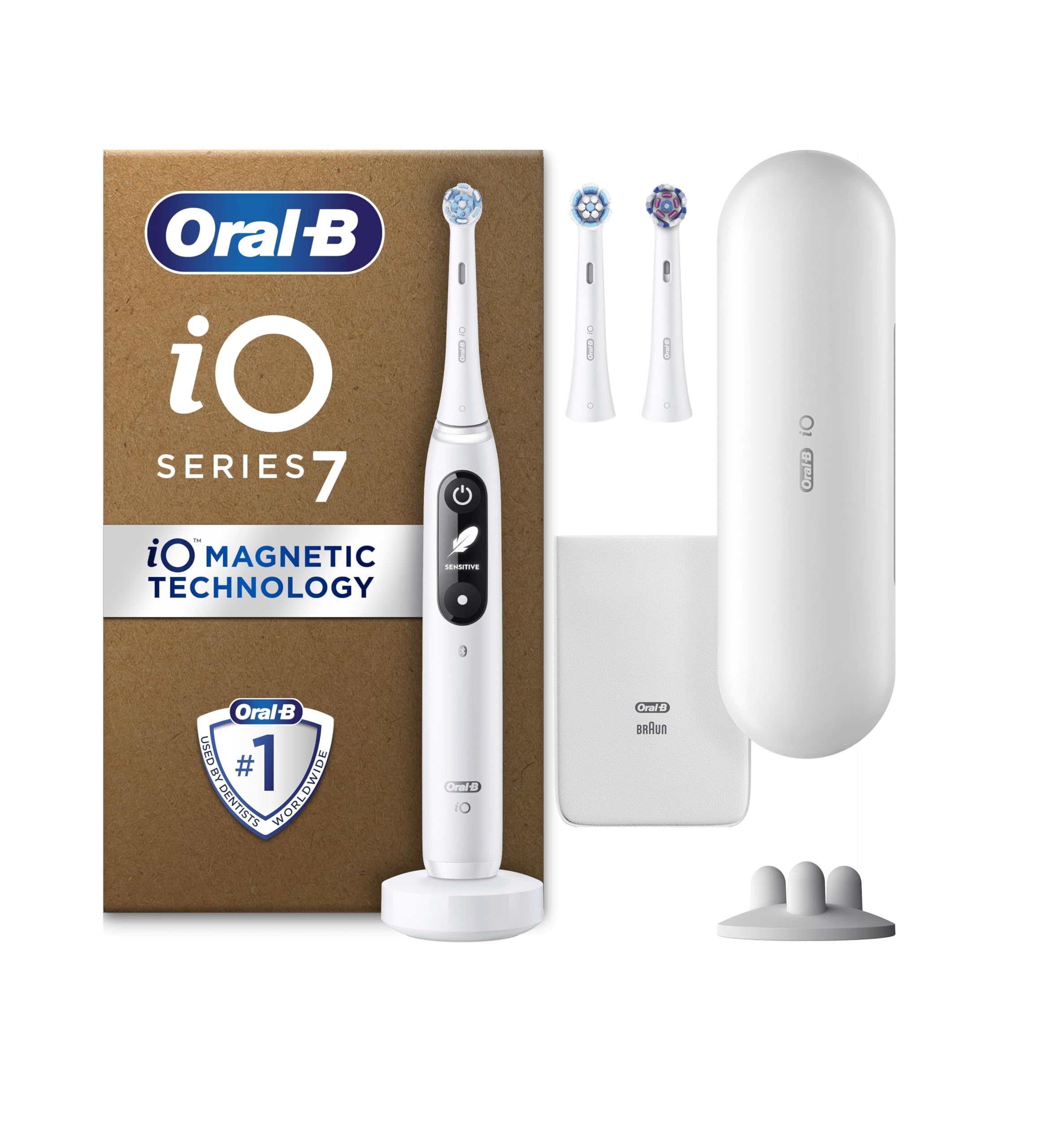 iO7 Electric Toothbrushes For Adults, App Connected Handle, 3 Toothbrush Heads, Travel Case & Toothbrush Head Holder, 5 Modes with Teeth Whitening, White
