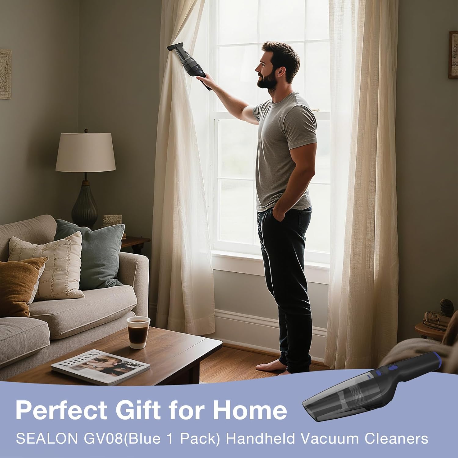 SEALON GV08 Handheld Rechargeable Car Vacuum Cleaner, 10KPa Vacuum Cleaner and Air Duster, High Power Hand Held Vacuum with LED Light and Multi-Nozzles for Car, Home, Office, Pet （Blue 1 Pack）