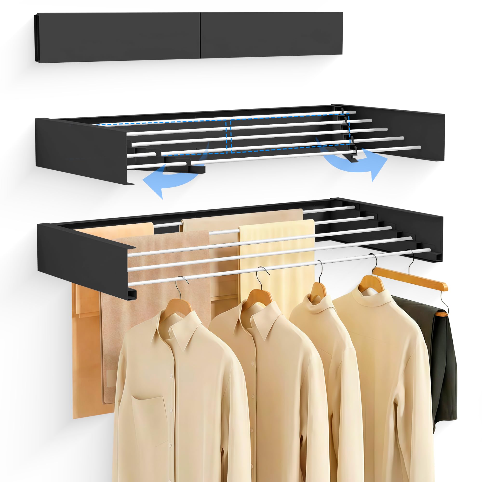 JUPPLIES Étendoir à Linge Mural Rétractable 100 cm – Séchoir Pliable Mural pour Intérieur ou Extérieur – Étendoir Compact en Aluminium 30 kg de Capacité (Noir)