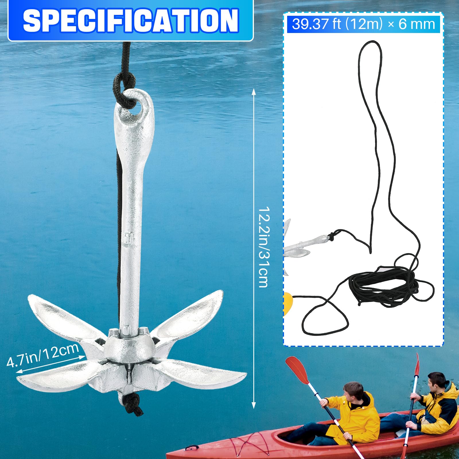 DASBET Anclaje plegable para kayak, 1,5 kg, ancla compacta con 12 m x 6 mm, kit de anclaje para tabla de remo de pesca, kayaks, canoas, motos acuáticas