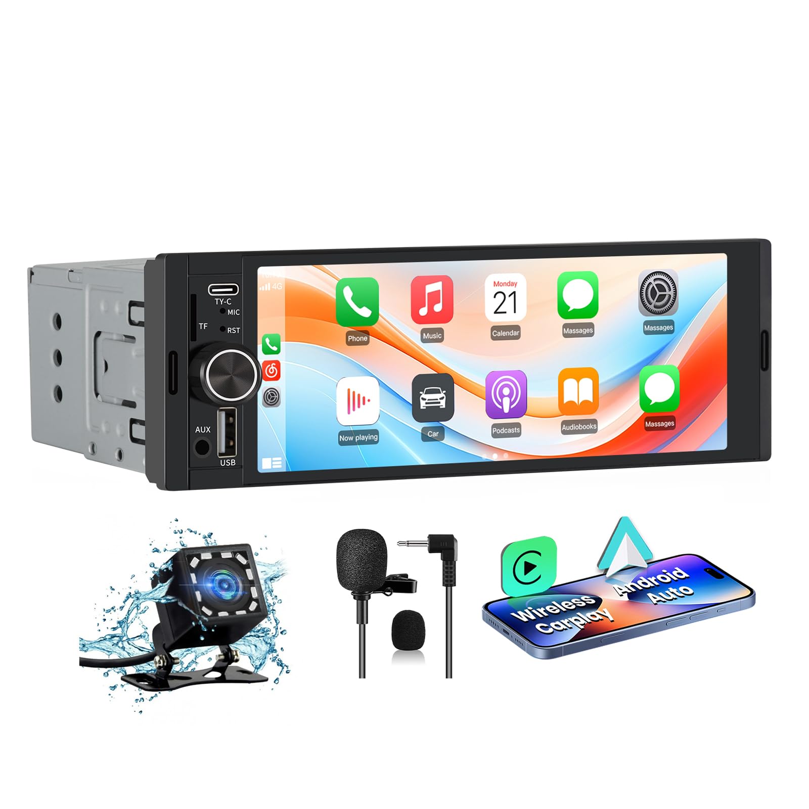 Junsun Radio Coche 1 DIN con CarPlay y Android Auto Inalámbrico, Autoradio con Pantalla Táctil de 6,36" y Cámara Trasera, Admite Bluetooth, FM, USB, TF, DSP y Mandos al Volante