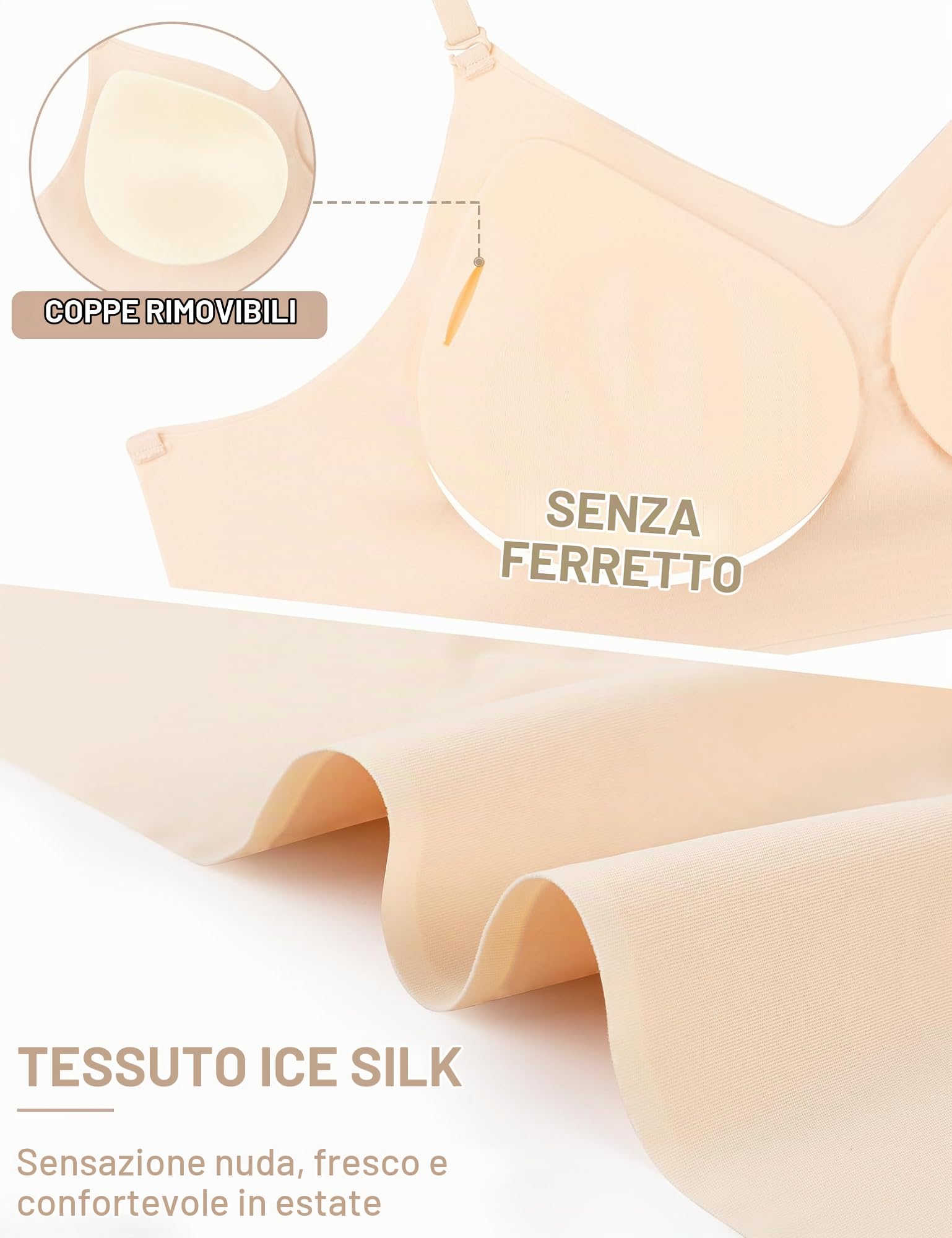Kiiwah 2 Pezzi Reggiseno Schiena Scoperta Senza Ferretto, Reggiseno Invisibile Schiena Nuda in Seta Ghiacciata, Doux Bralette Donna, Imbottitura Rimovibile (Nero, Nudo)