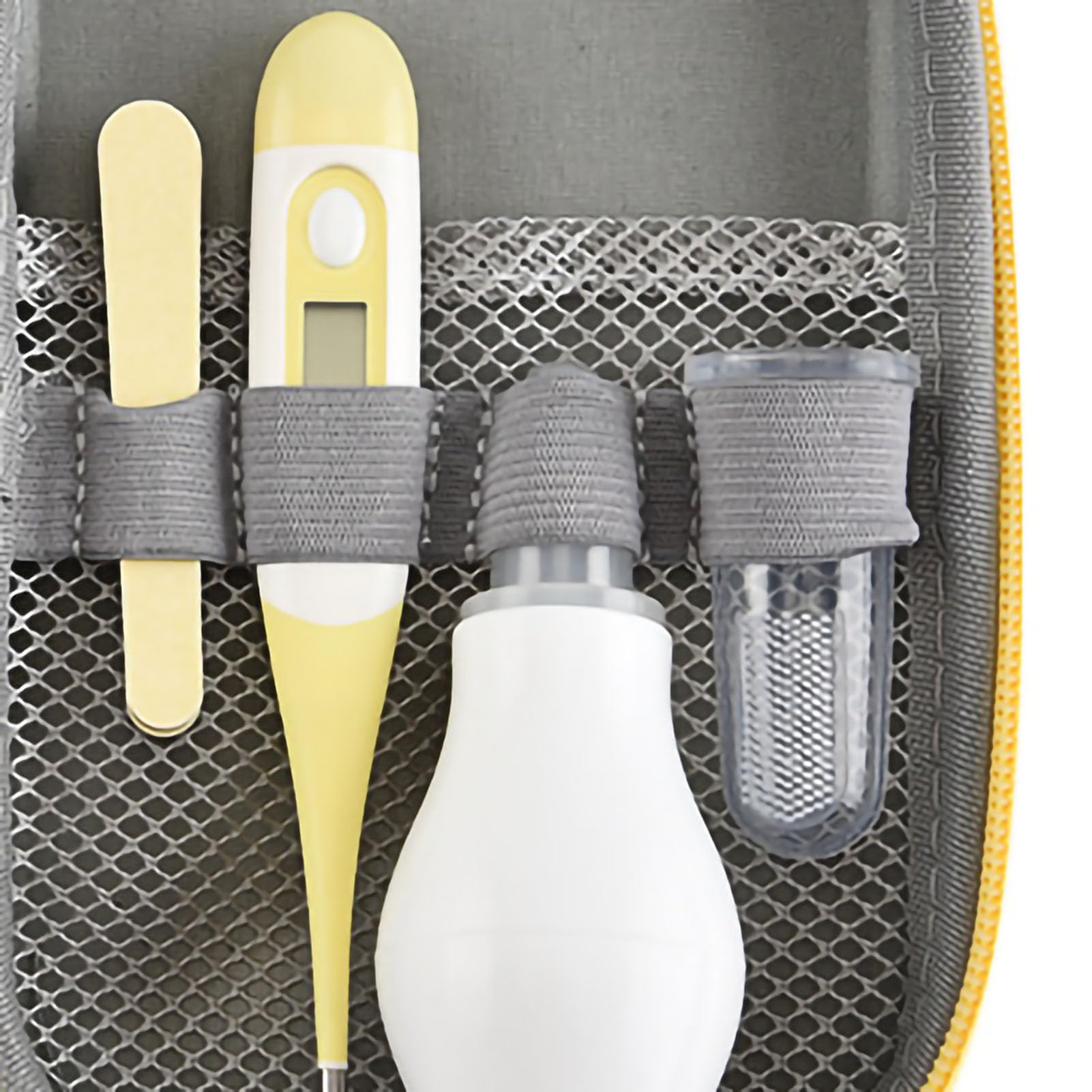 Baby-Pflegeset, tragbares Sicherheitspflegeset mit Haarbürste, Nagelknipser, Nasenreiniger, Fingerzahnbürste, Schere, Neugeborenenpflege für und Mädchen (Gelb)