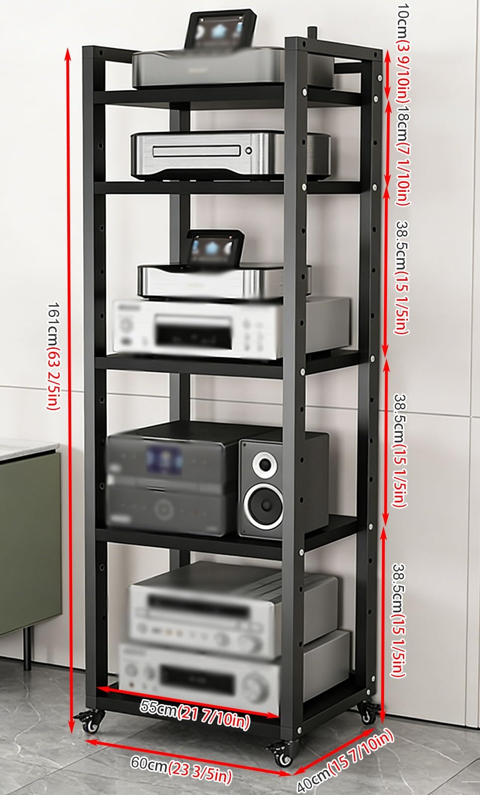 stojak audio hifi 5/6/7/8-warstwowy stojak na pojedyncze audio na kółkach, czarna stereofoniczna szafka na regulowaną półką, wysokie stojaki na sprzęt hi-fi i szafki biurowe(5 tier,W 60CM(23 3/5IN))