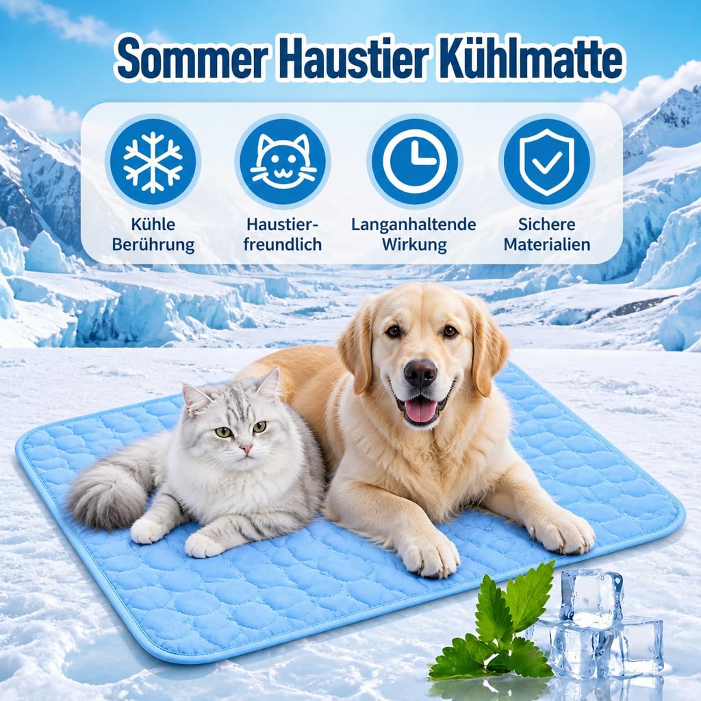 Haustiermatte für Hunde und Katzen, selbstkühlende Kühlmatte aus atmungsaktiver Eisseide, weiche langlebige tragbare waschbare Kühlbett Kühldecke für Sommer drinnen & draußen