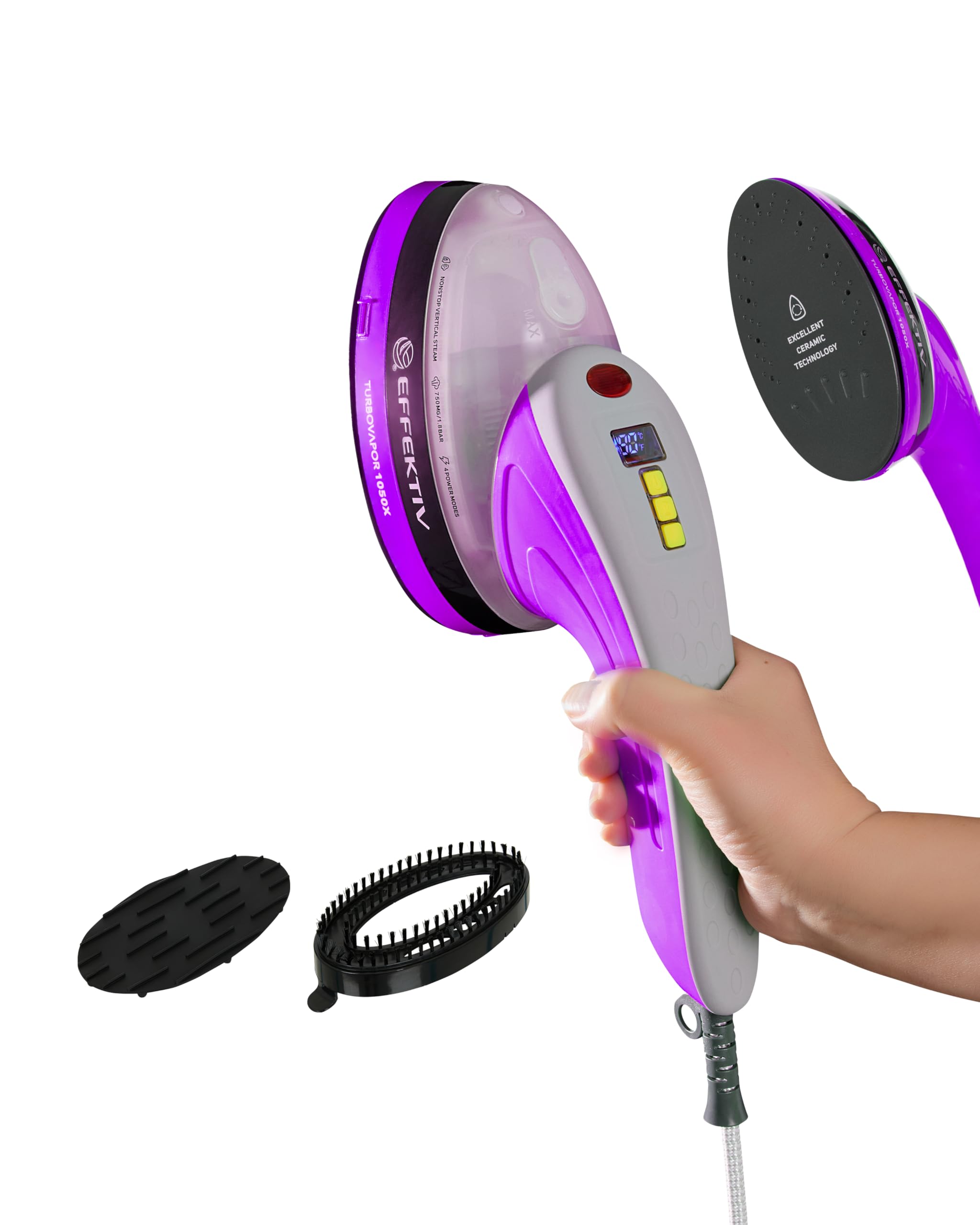 Ferro da Stiro Verticale a Vapore EFFEKTIV, 1800W, 3 in 1 Premium, Piastra in Ceramica, Spazzola a Vapore, Serbatoio 250 ml, Vapore Continuo 750 mg/s, Display LED, Autospegnimento, Cavo 3 m