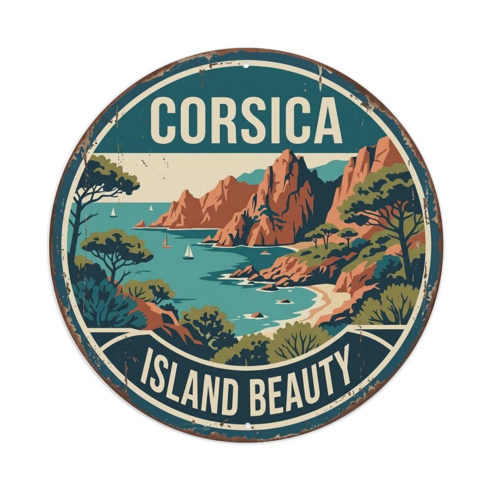 Vintage Travel Corsica Cliffs France Metal Tin Sign Plaque Wall Decor for Cafe, Club, Garden Round Metal Poster 8x8Inch