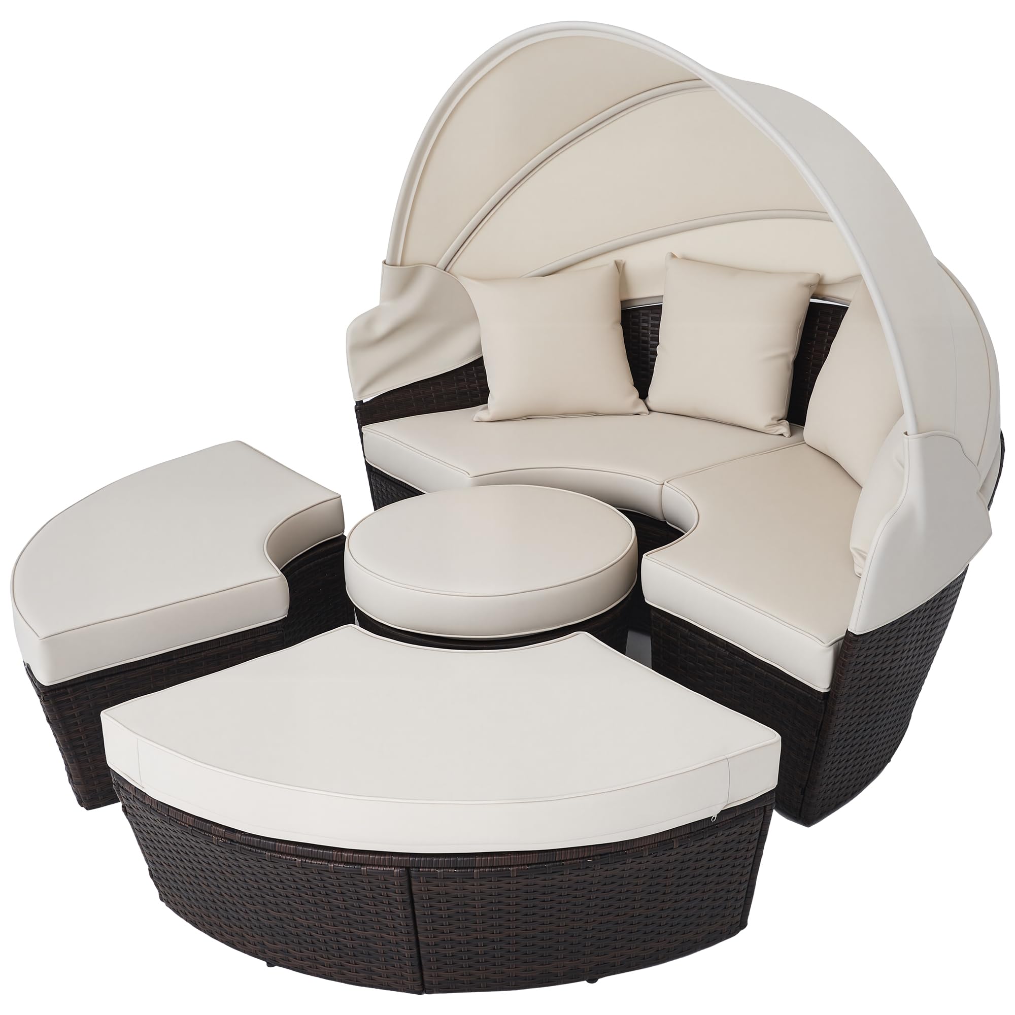 VONLUCE 5 Piece Modular Wicker Patio Furniture Set with Daybed and Central Stool, Outdoor Sectional Sofa Set with Rattan Daybed or 4 Chairs, Round Table, Retractable Canopy, Pillows&Cover(Beige)