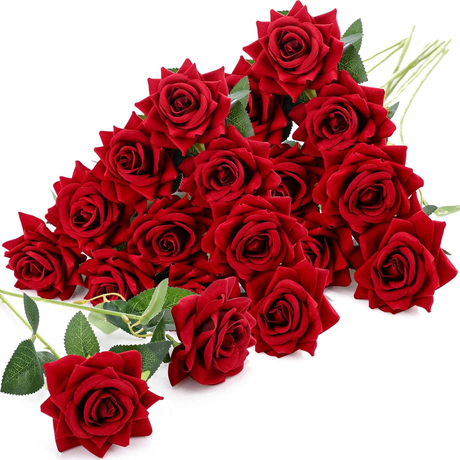 Zeyune 20 Pcs Velvet Red Fake Roses Artificial Flowers, and Real to Touch Rose Faux Long Stem Florals for DIY Wedding Centerpieces Party Home Decor