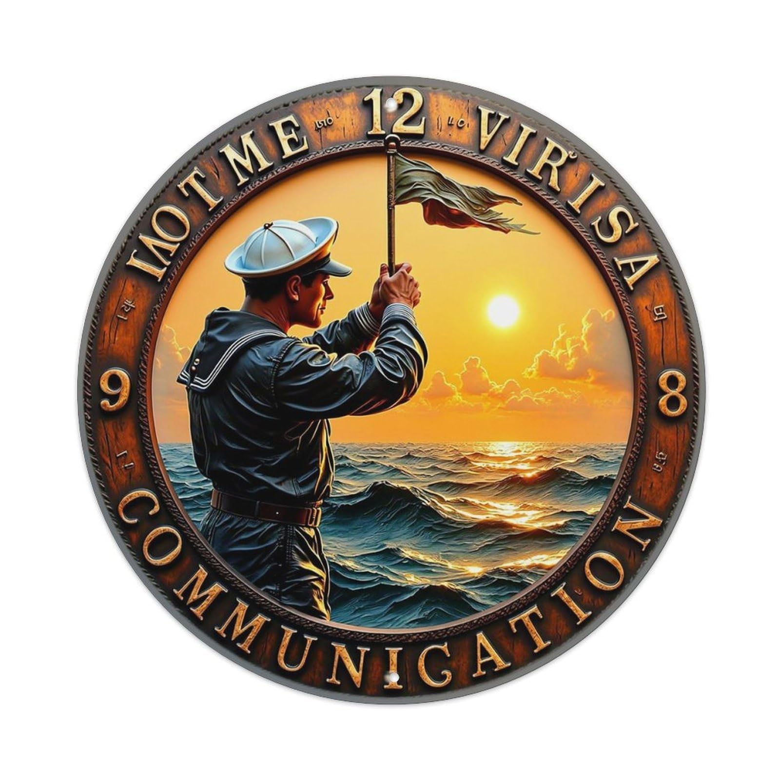 Sailor Holding Flag At Sunset Sea Retro Metal Sign Round Tin Sign, Vintage Decor Art Poster for Bar, Home, Man Cave, Kitchen, Laundry Room Gift 8x8Inch
