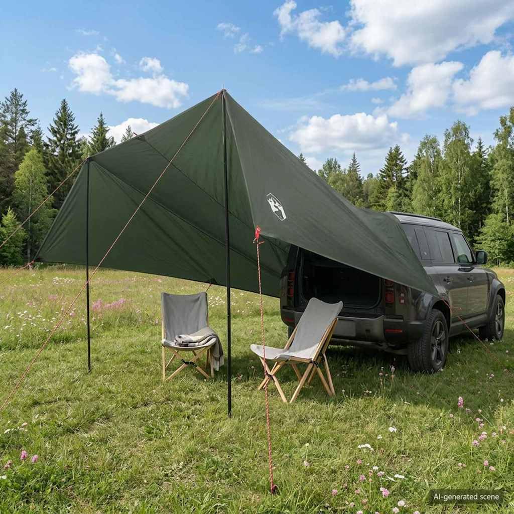 Vordach für Auto, Polyester, Stahl, 518 x 580 x 215 cm, Armeegrün | Komplettes Set mit 8 Abspannseilen, 8 Heringen, Tragetasche, wasserdicht, einfache Montage
