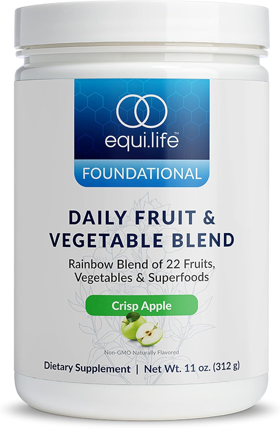 Equilife Daily Fruit & Vegetable Blend, Superfood Antioxidant Supplement, Crisp Apple Flavor with Vitamin C, Fiber, and 9 Essential Amino Acids, Supports Energy, Low Sugar, Vegan, 30 Servings Tub
