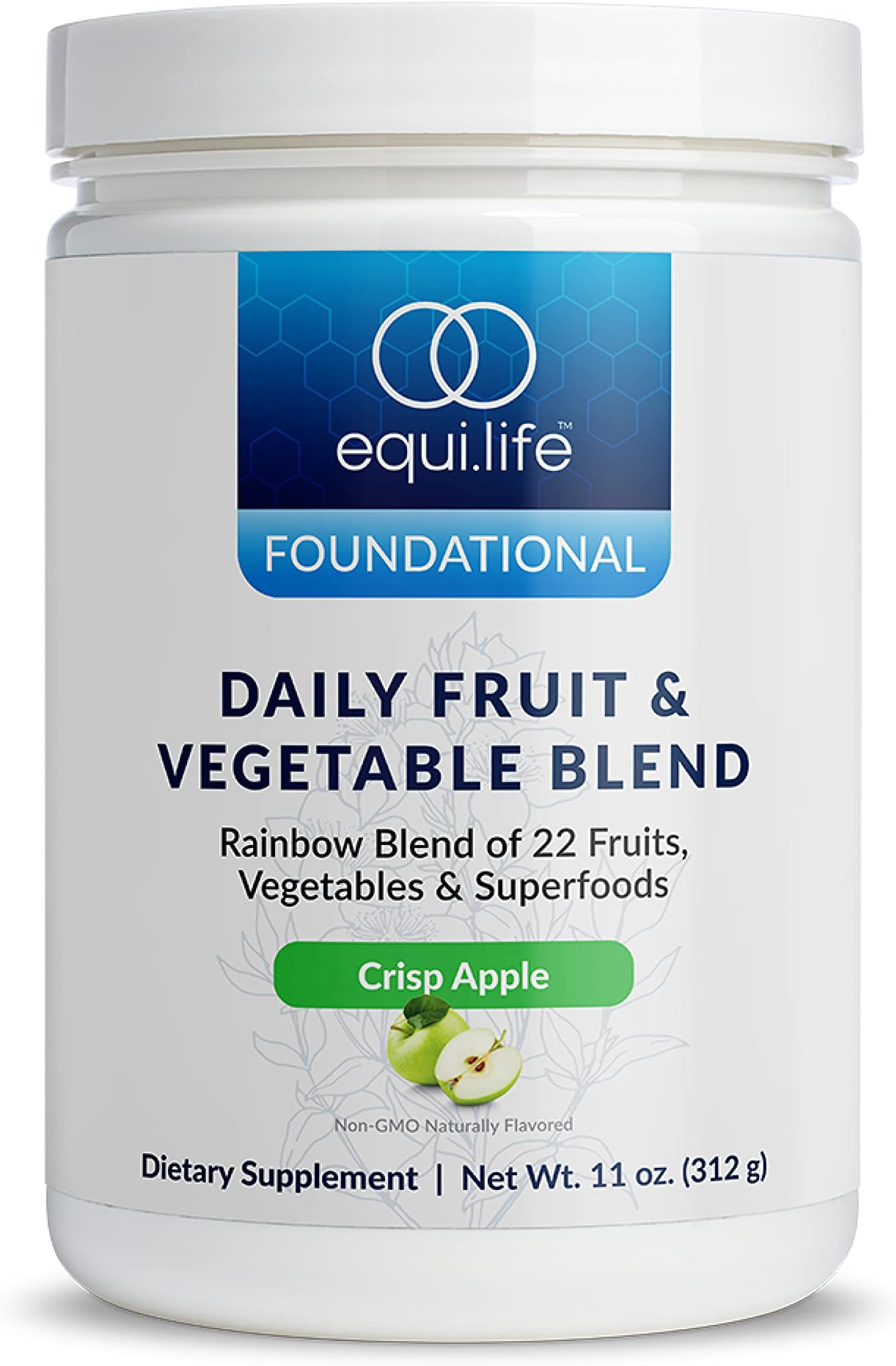 - Equilife Daily Fruit & Vegetable Blend, Superfood Antioxidant Supplement, Crisp Apple Flavor with Vitamin C, Fiber, and 9 Essential Amino Acids, Supports Energy, Low Sugar, Vegan, 30 Servings Tub