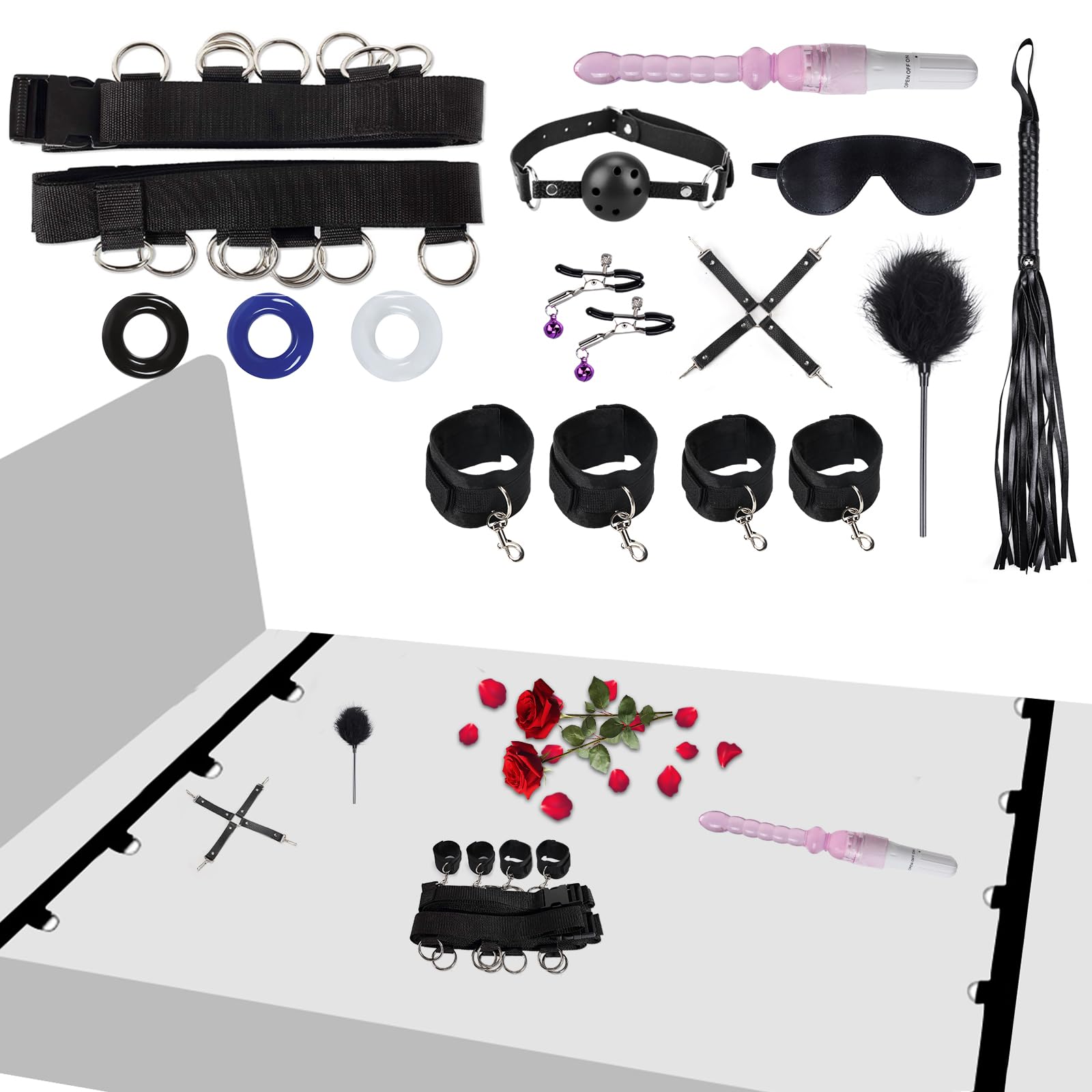 14 Piezas SM Bondage Kit, SM Bondage Cama Esclavitud de Sujeción Kit con Plug Anal Butt Plug Máscara y Sexual Esposas, Erótico BDSM Restraints Kits Set Juguetes Sexuales para Principiantes y Expertos