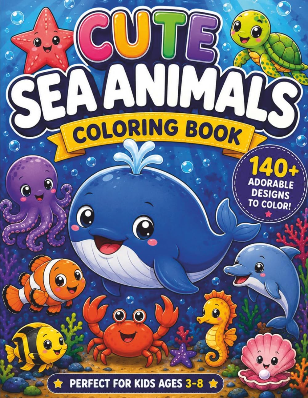 Cute Sea Animals Coloring Book: 140+ Fun & Easy Coloring Pages for Kids Ages 4-8 (Dolphins, Turtles, Octopus, Seahorses & More)