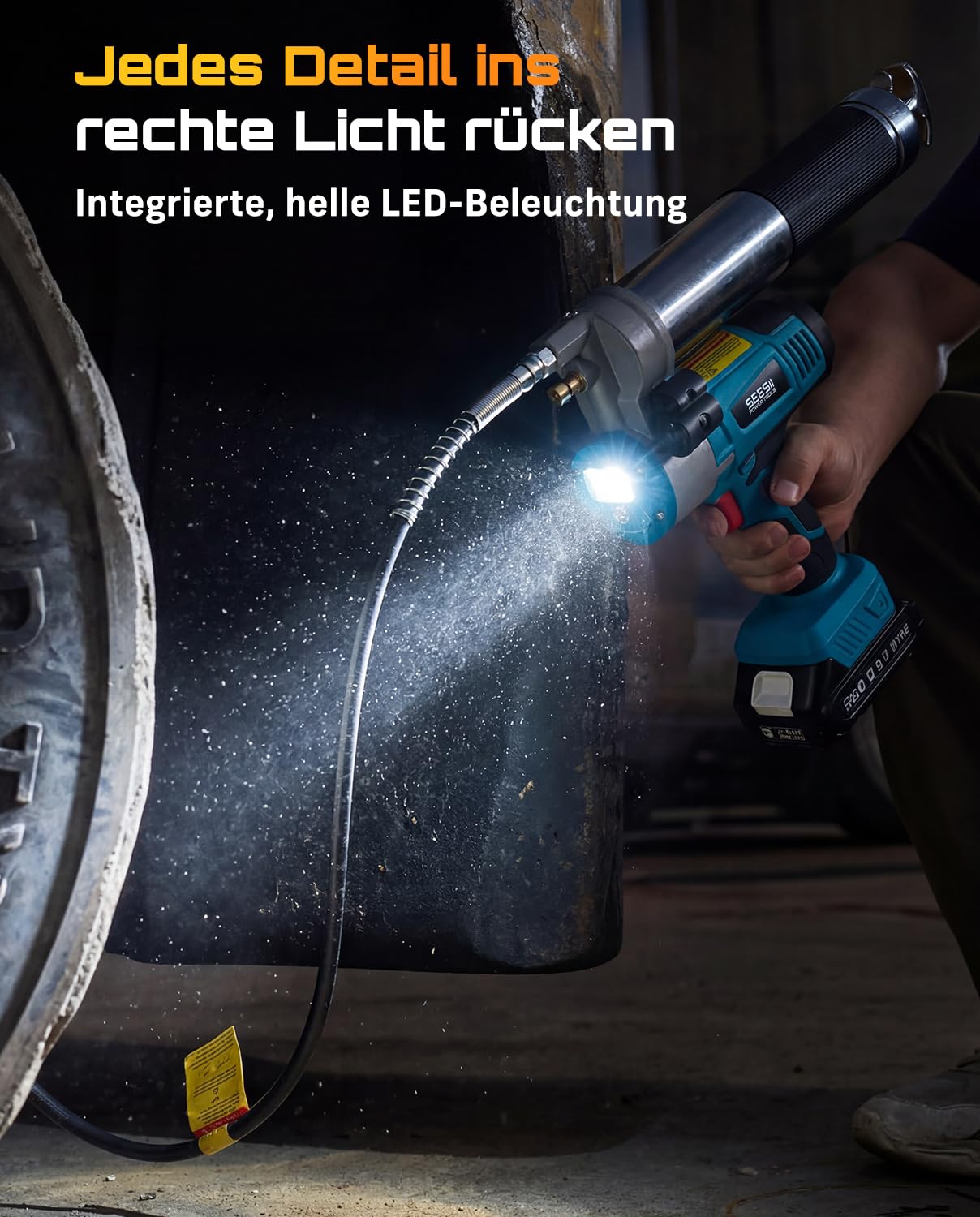 Seesii Akku Fettpresse, Elektrische Fettpresse für Schmiernippel mit Lock-On-Auslöser, 120 cm-Schlauch, hoher Durchfluss von 5,8 oz/min, Schnellkupplung, LED-Beleuchtung für PKWs und Baumaschinen