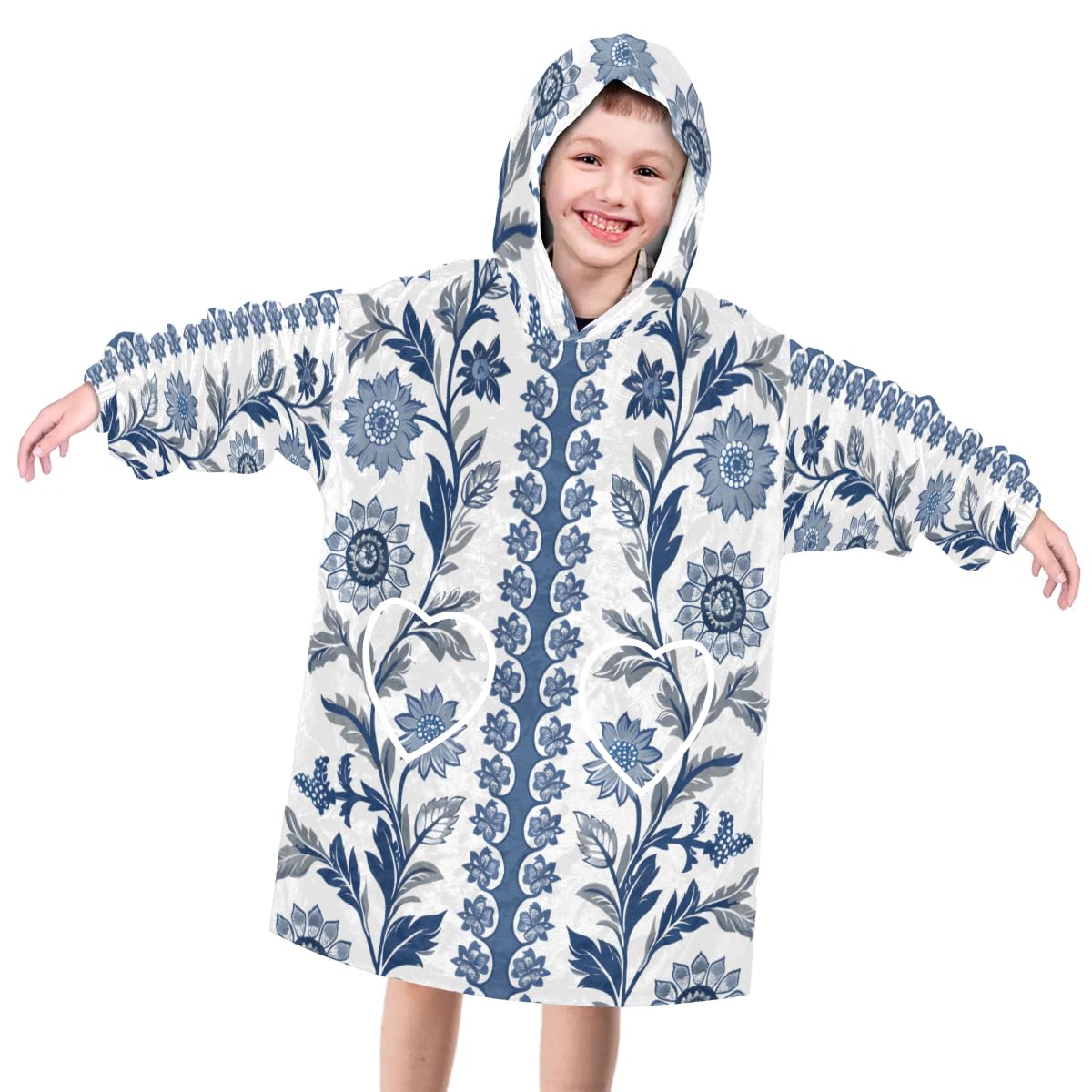 Pardick Wearable Blanket Hoodie for Kids, Botanic Flowers Fleece Sweatshirt Blanket Oversized Blanket Sweatshirt with Pocket Flannel Warm Hooded Blanket 6-10 Year Old Girl Boy Gift, One Size