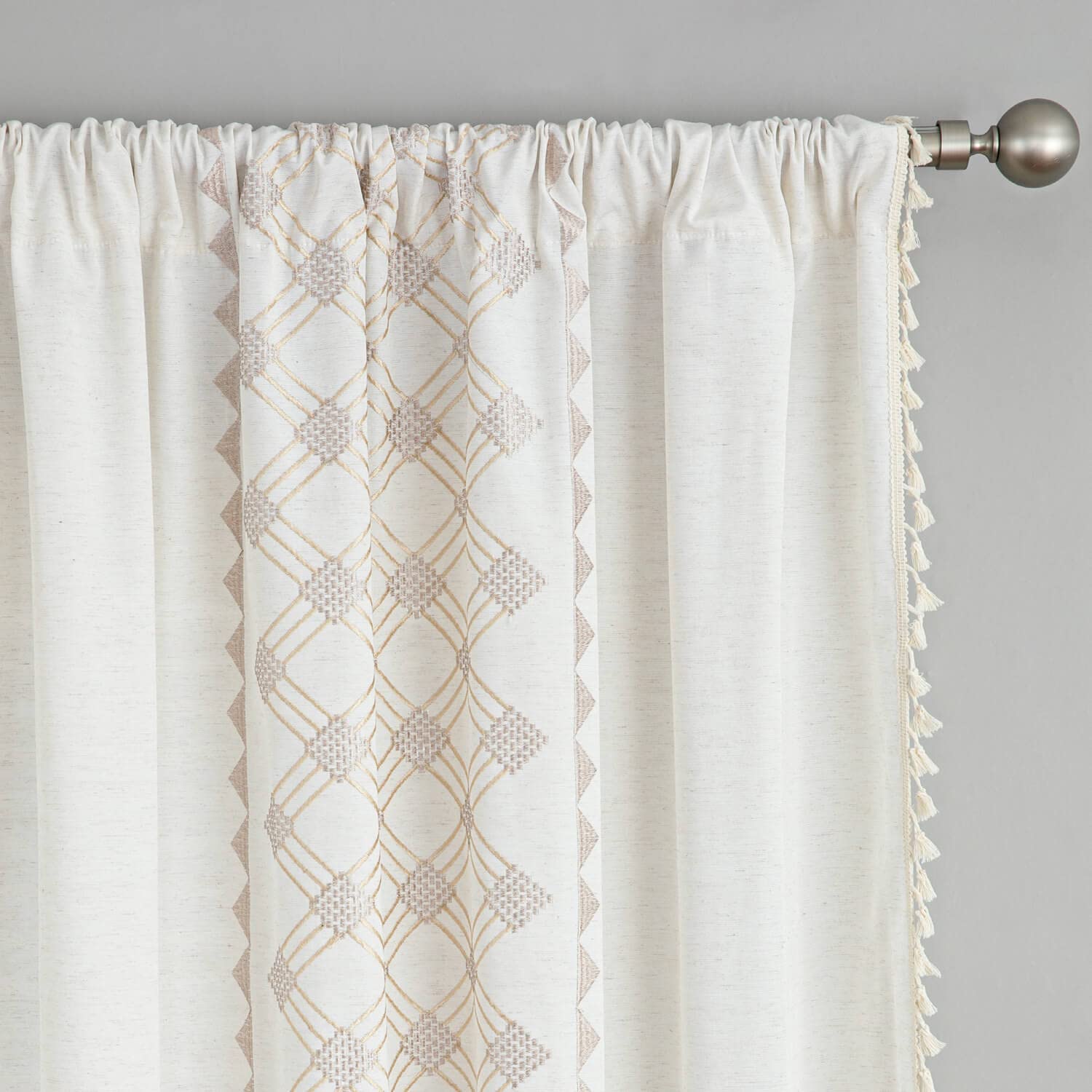 VOGOL Faux Line Boho Embroidered Curtains, 52 x 84 Inches Plaid Pattern Drapes for Bedroom, 2 Pieces Light Reducing Solid Window Treatment for Farmhouse, Rod Pocket