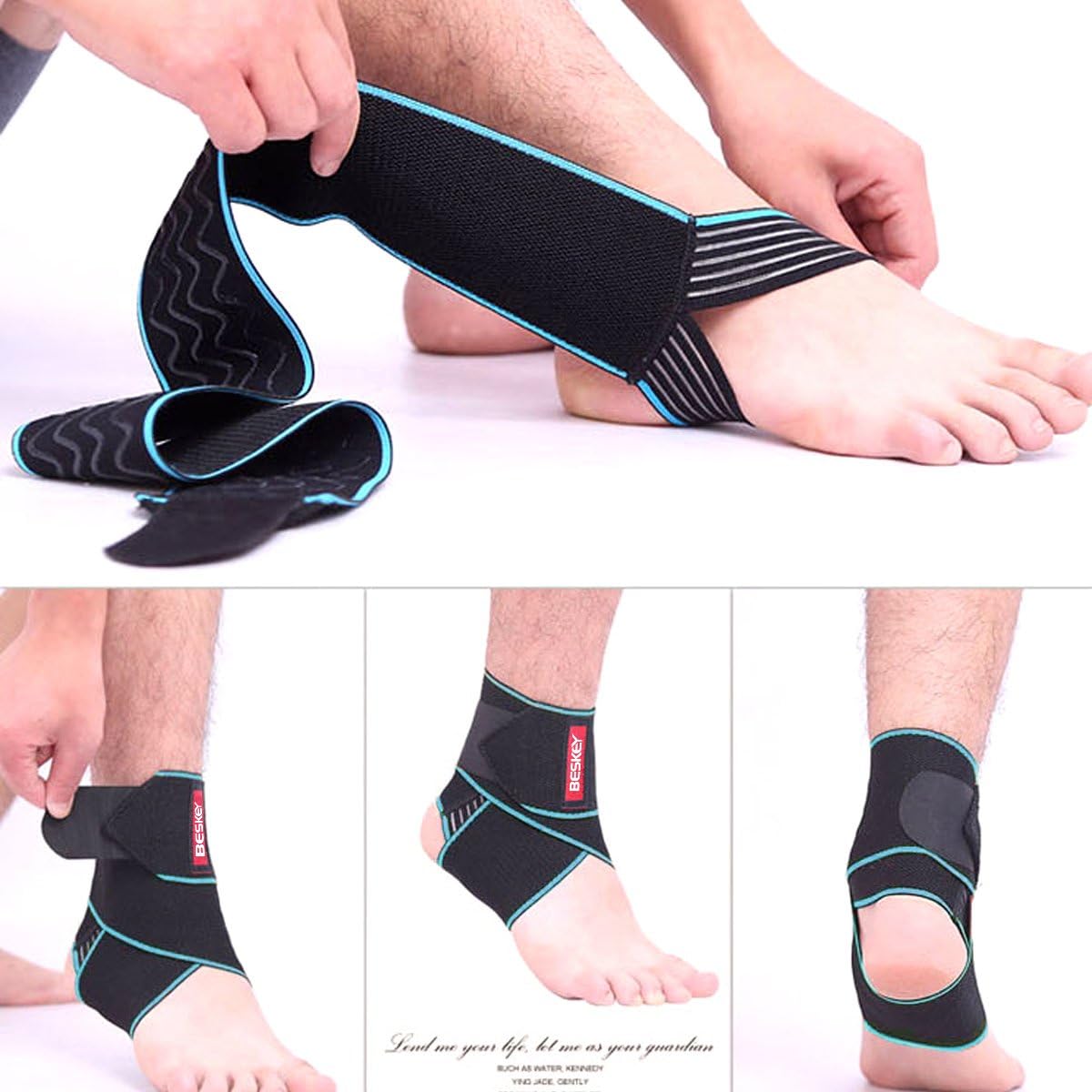 Three perspectives of a black Beskey ankle brace with blue trim on a foot: being wrapped with hands adjusting, fully secured with red Beskey logo, and side view showing open heel design.