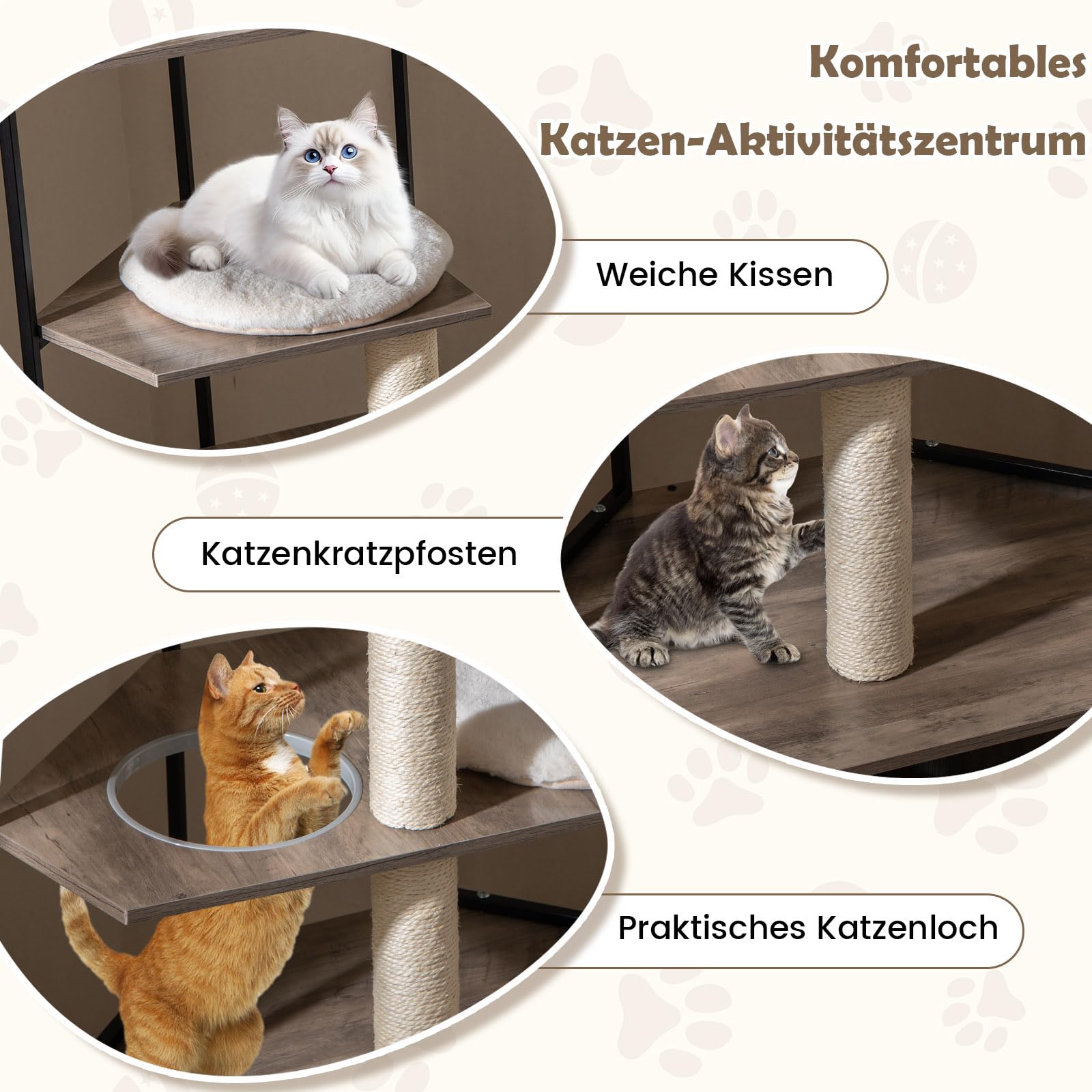GOPLUS Katzenhaus mit Katzenklo-Schrank, Eck-Kratzbaum für Katzen, Katzenschrank mit 2 Sisal-Kratzpfosten, 3 weichen Kissen, hängendem Ball & Höhle, Indoor Kletterbaum Holz, Katzenkratzbaum