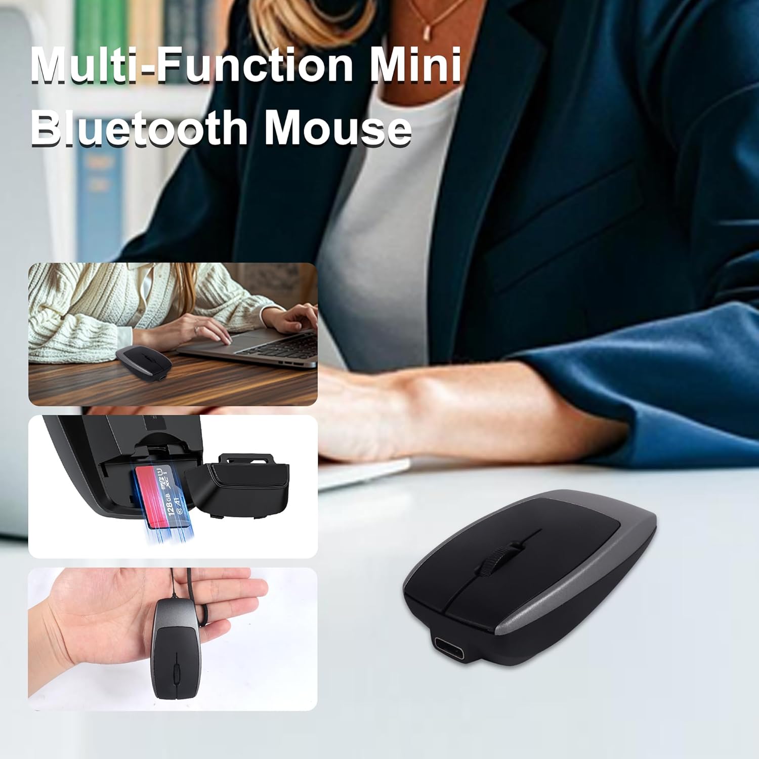 Bluetooth Mouse Rechargeable Portable Mini Computer Mice with TF Card Reader 3 Adjustable DPI Optical Lightweight Silent Wireless Mouse for Laptop Tablet Cell Phone Windows Mac OS Android iOS, Grey