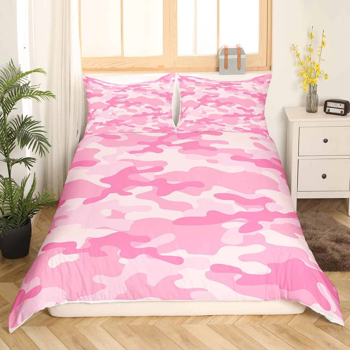 Pink Camo Duvet Cover Set Twin Size,Modern Fashion Camouflage Bedding Set 2pcs for Kids Boys Girls Teens Bedroom Decor Army Abstract Camo Comforter Cover Rose Pink Soft Quilt Cover,1 Pillowcase