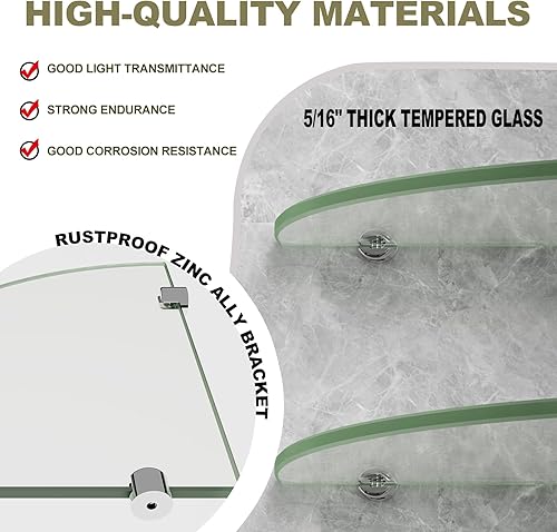Miniatura 5 de Paquete de 2 estantes de ducha de esquina de vidrio, estante de pared para baño, vidrio templado de 516 pulgadas, organizador de ducha, soporte para