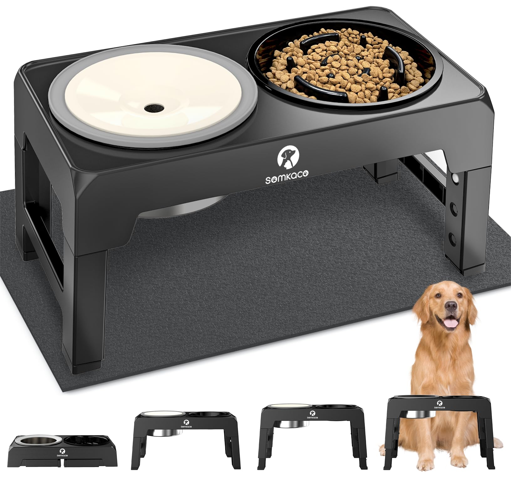 Elevated Dog Bowls Adjustable 3 Heights, 2-in-1 Raised Dog Bowl Stand with Slow Feeder Dog Bowl and No Spill Dog Water Bowl for Small Medium Large Dogs and Pets - Dog Food Mat Attached