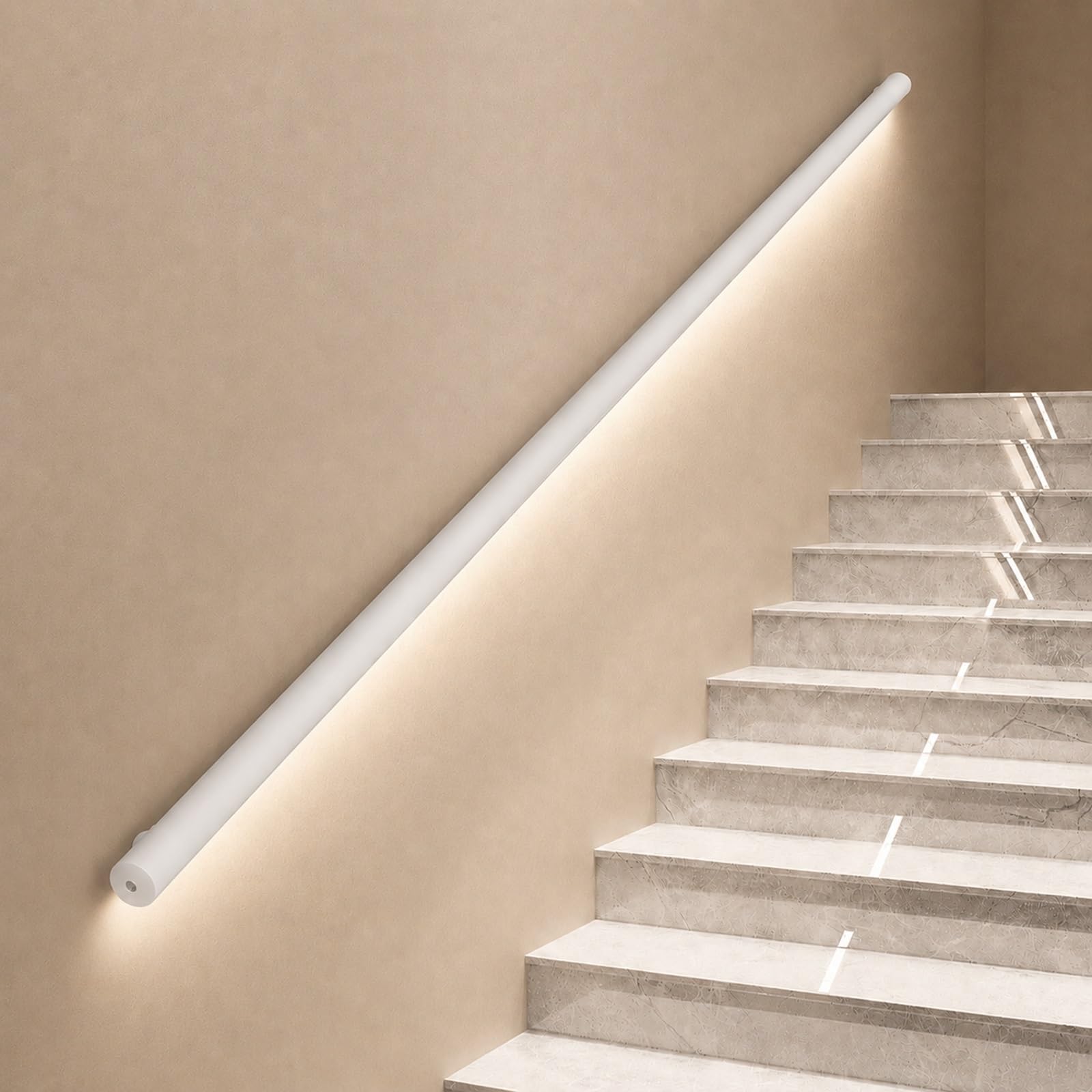 LED Stair Handrail with Motion Sensor Light, Metal Handrail for Stairs, Wall-Mounted Pipe Railing Safety Grab Bar, Matte White(200cm)