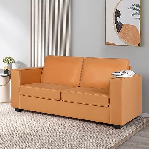 65" W Breathable Faux Leather Loveseat Sofa, Mid-Century Modern Small Sofa Couches for Small Spaces and Living Roon, with Square Arm and Padded Cushion, for Compact Apartment, Easy-Assembly Ginger