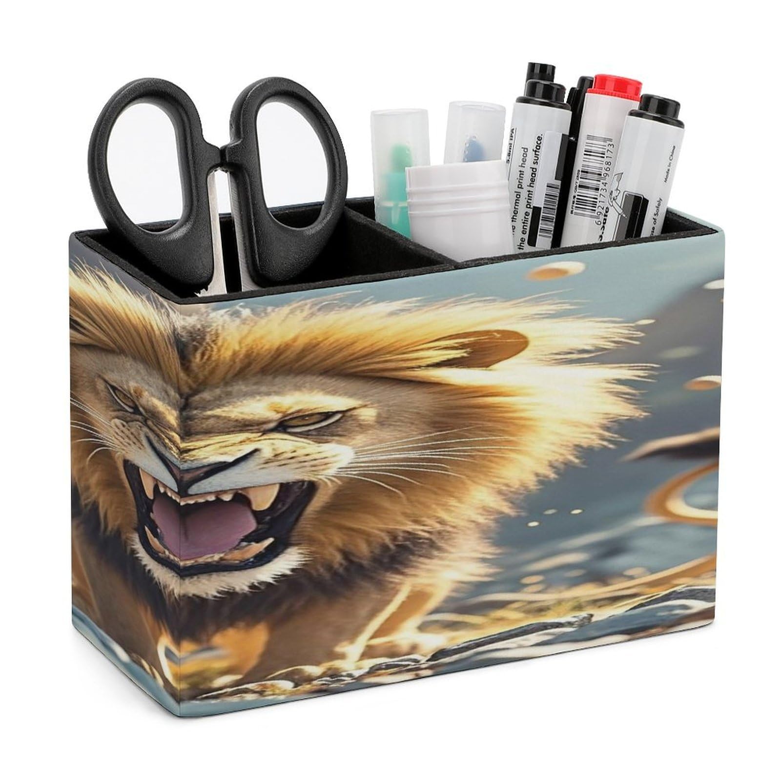 LZQPOEAS Angry Roaring Lion Leather Pen Holder with 2 Compartments Luxury Pencil Holder Minimalist Pencil Cup Brush Scissor Holders Elegant Pen Cup for Office Home Desk Accessories