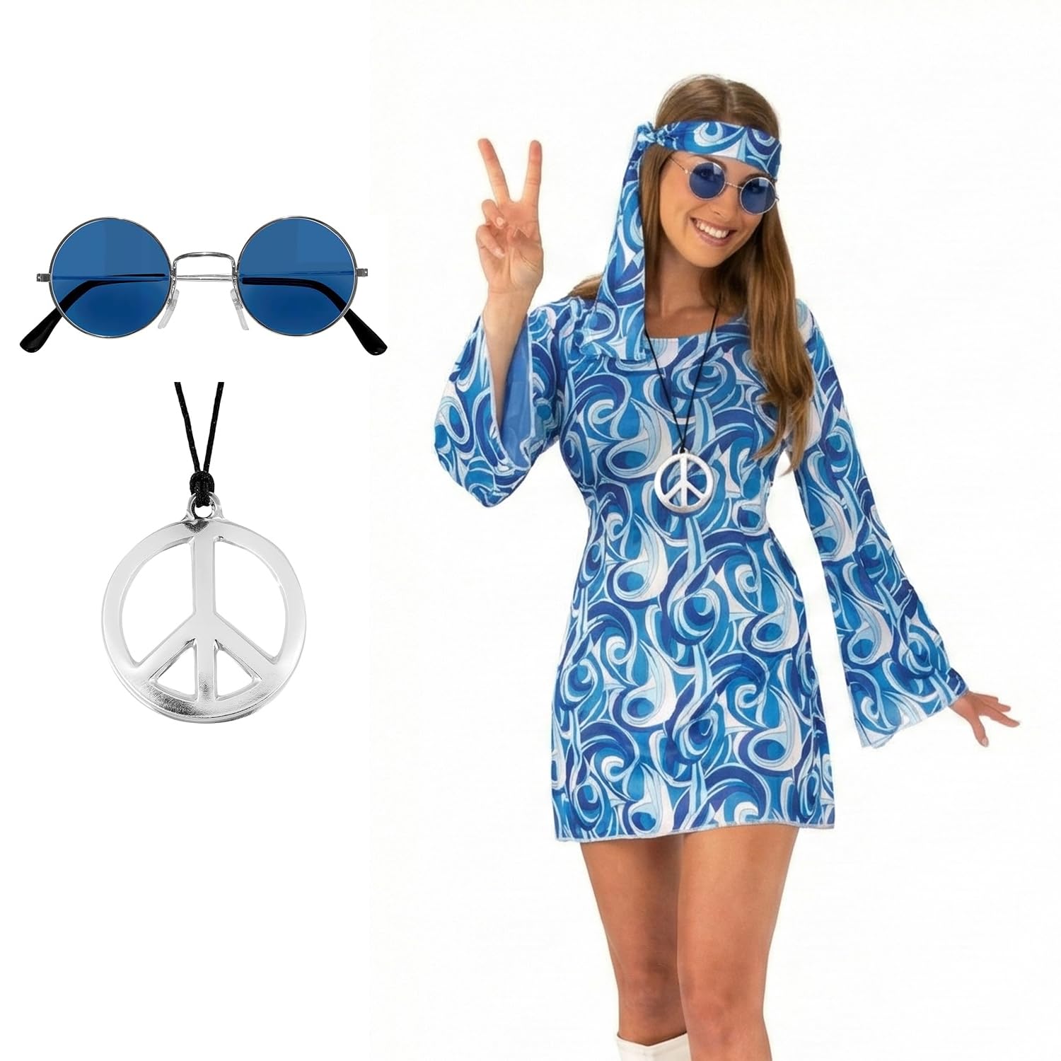 Bella Dox Women's Hippy Floral 60's/70's Festival Fancy Dress Costume, Ladies Flower Power Hippie Dress + Headband + Lennon Glasses + Peace Necklace (S)