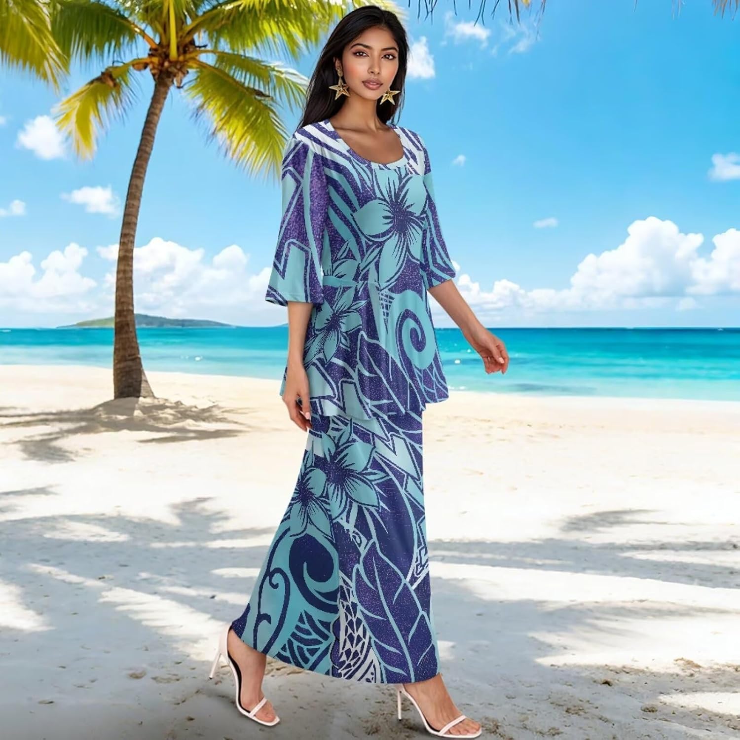 Hawaiian Flower Print Women Ruffle Top Long Skirts Set Half Sleeve Top High Waist Maxi Skirts for Party, Wedding
