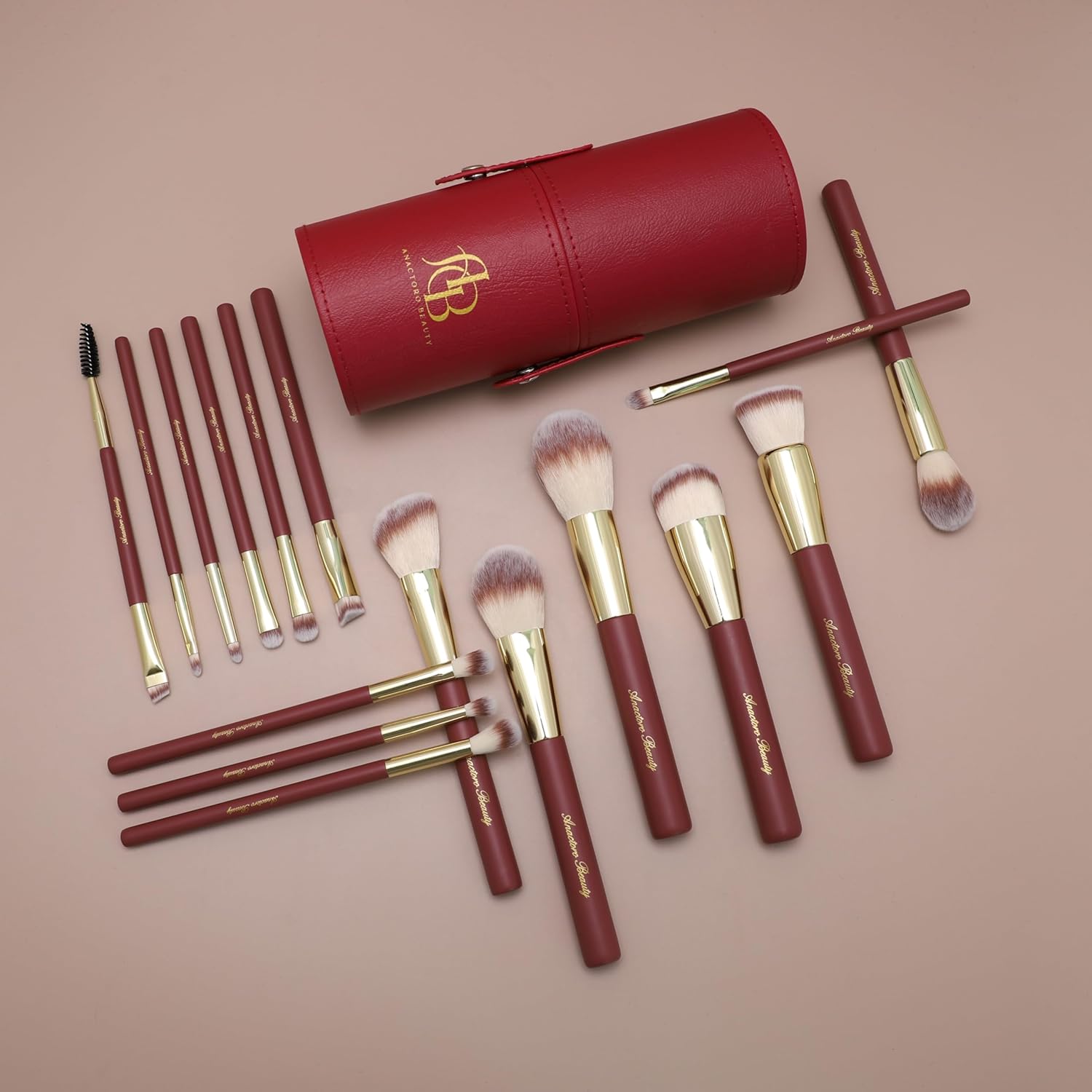Beauty Travel Makeup Brush Set, 16 Professional Vegan Matte Wood Handle Red Gold Makeup Brushes Set and 2 Makeup Sponges, ON-THE-GO Make up Brushes Set with Case (Red)