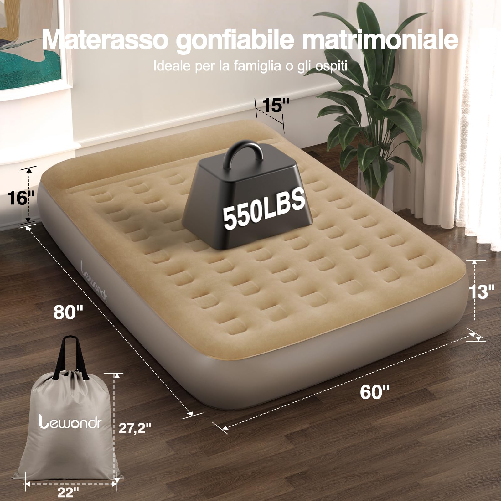 Lewondr Materasso Gonfiabile Matrimoniale con Pompa Integrata, 203x152x33CM Materasso Gonfiabile Durevole con Cuscino, Materasso ad Aria Veloce da 3 Minuti per Campeggio Casa Viaggio(250kg MAX), Cachi