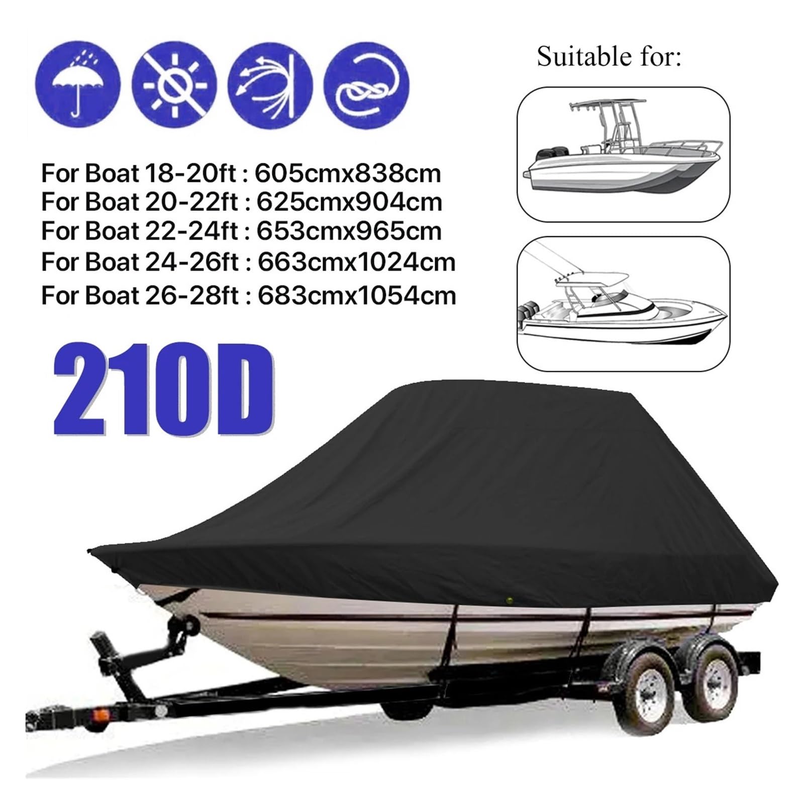 18-28ft 210D Copertura For Barca Da Crociera Resistente Acqua Marina Protezione Solare Protezione UV Pesce Sci V Copertura For Ormeggio Scafo Protezione Contro Tutte Intemperie(24-26FT)