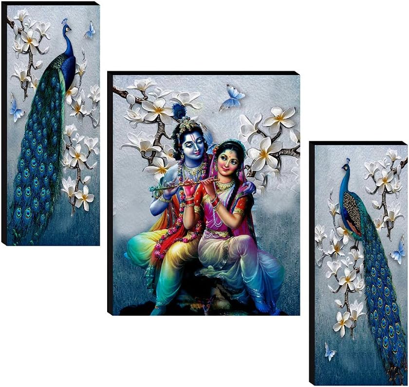 SAF Set of 3 Radha Krishna with Couple Peacock UV Textured Home Decorative Item Self Adhesive Painting 18 Inch X 12 Inch SANFJM31078- Multi Color