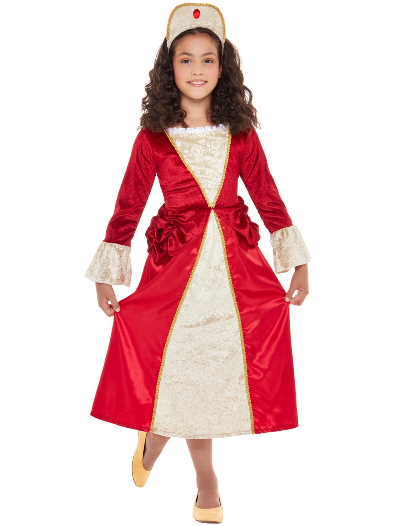 Smiffys Tudor Princess Costume, Red & Gold with Dress & Headpiece, Girls Fancy Dress, Princess Dress Up Costumes