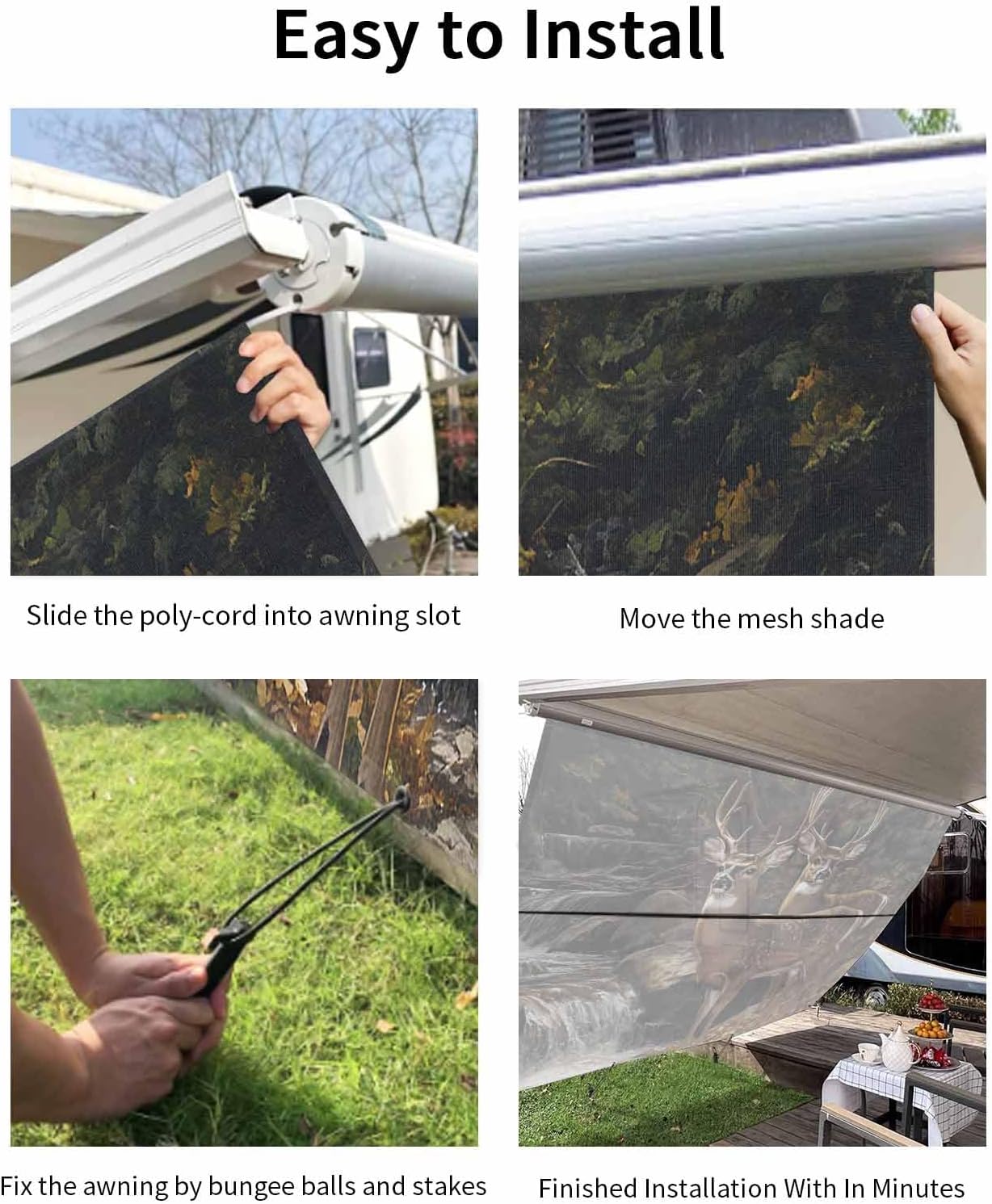 Deer Animal RV Awning Sun Shade Screen 9' x 15'3" Forest Rock River Nature Scenery Mesh Shade Screen with Zipper UV Blocker Awning Shade with Completed Kits for Motorhome Camper Trailer