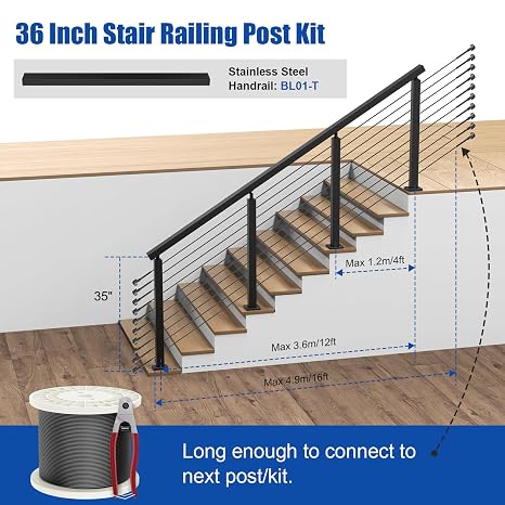 BLIKA Complete Set 36 Stair Railing Post Kit(Post 35x2x2), Black 25-35 Angle Drilled Line Post, Invisible Cable Railing System Kit Include 4Pack Stair Posts, 1/8 Stainless Cable(No Handrail)
