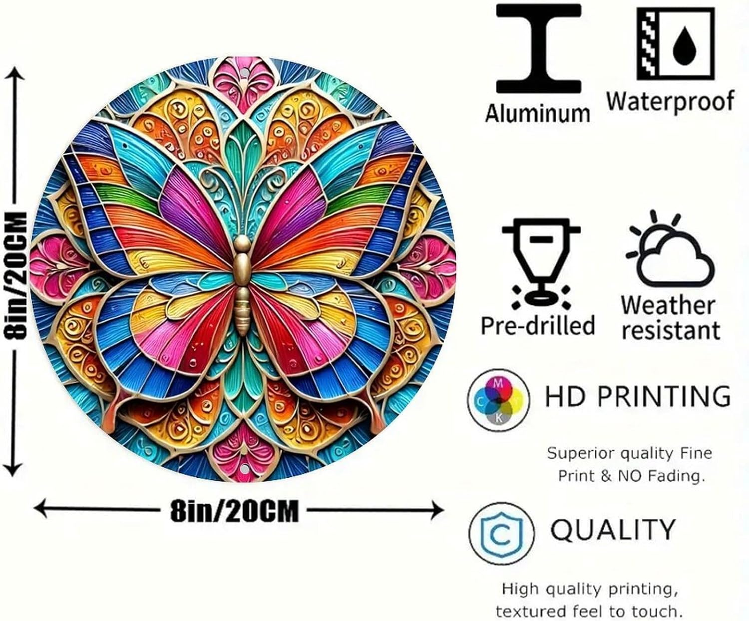 Rainbow Stained Glass Butterfly Mandala Vintage Rustic Aluminum Metal Round Wall Sign, 8-inch Indoor Outdoor Gifts And Decor for Home, Office, Cafe & Yard Farm