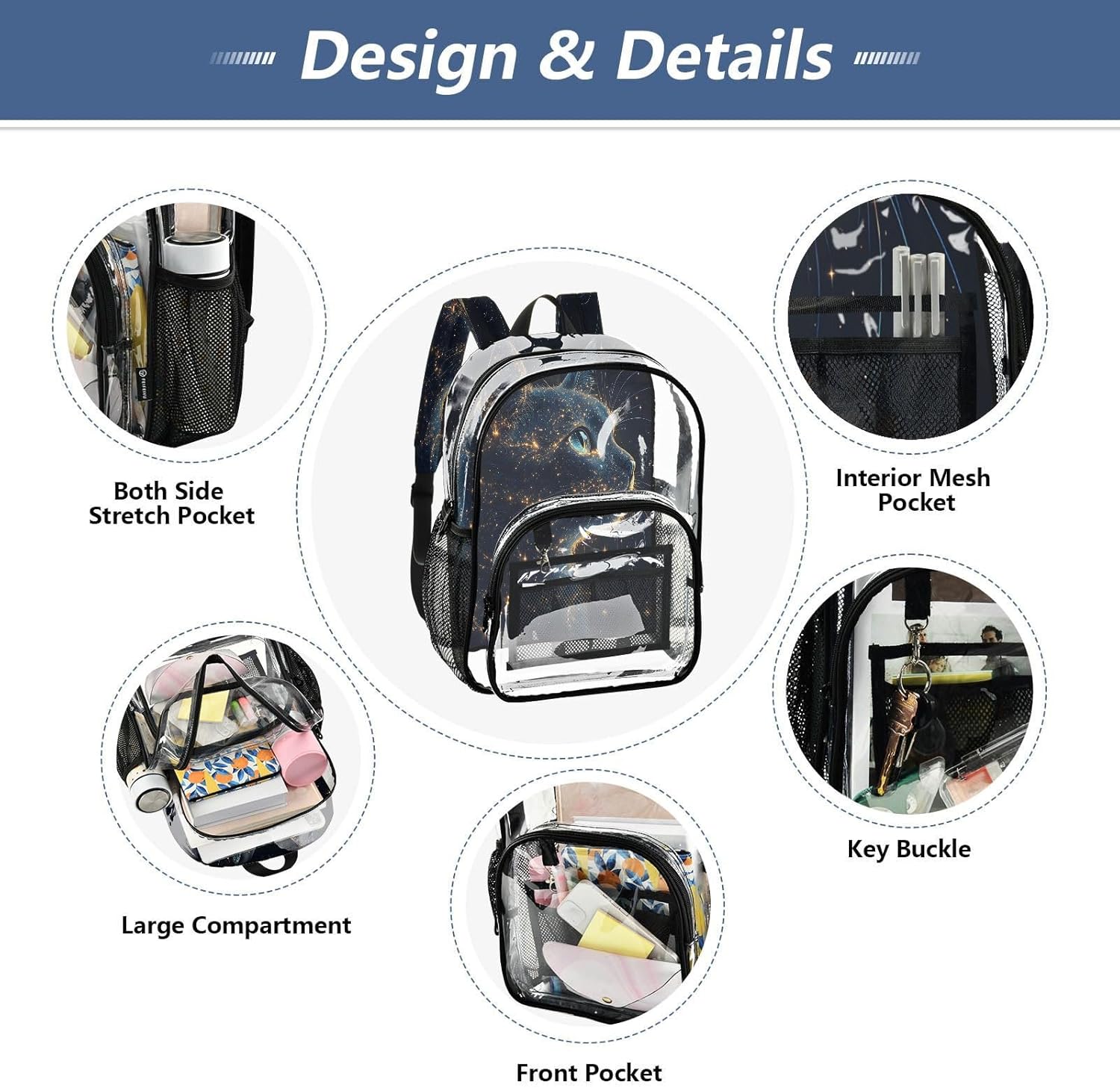 Cat Constellation Space Black Clear Backpack Heavy Duty See Through Transparent PVC BookBag for Kids Boy Girl Adult School Work