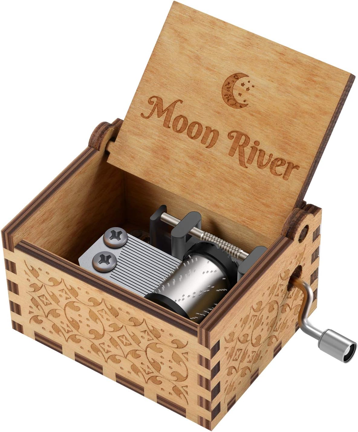 Huntmic Moon River Wood Music Box,Vintage Hand Crank Carved Wooden 18 Note Musical Boxes Gifts for Christmas/Birthday/Valentine's Day