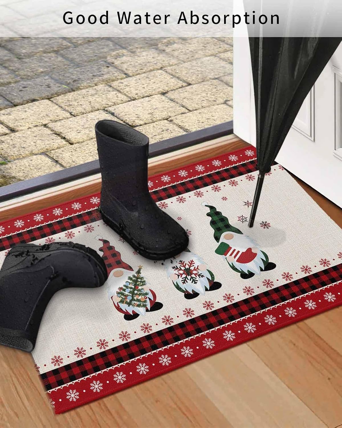 Indoor Door Mat Washable Mat 18x30 Inch - Outdoor Non-Slip Mat Absorbent Resist Dirt Doormats Merry Christmas Xmas Gnomes and Snowflakes Black Red Buffalo Plaid Floor Mat for Entryway Patio Bathroom