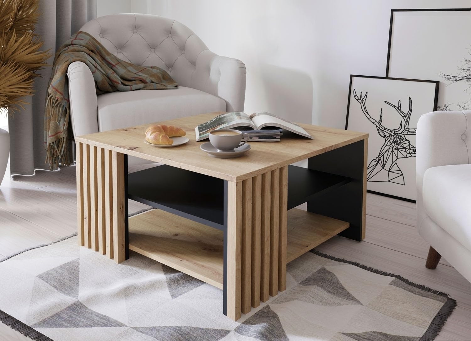 Forte Cardigan Couchtisch 80, moderner Sofatisch mit Ablage und Lamellendesign, Wohnzimmer, Holzwerkstoff, Artisan Eiche Holzdekor, Schwarz, 80 cm breit x 45 cm hoch x 80 cm tief
